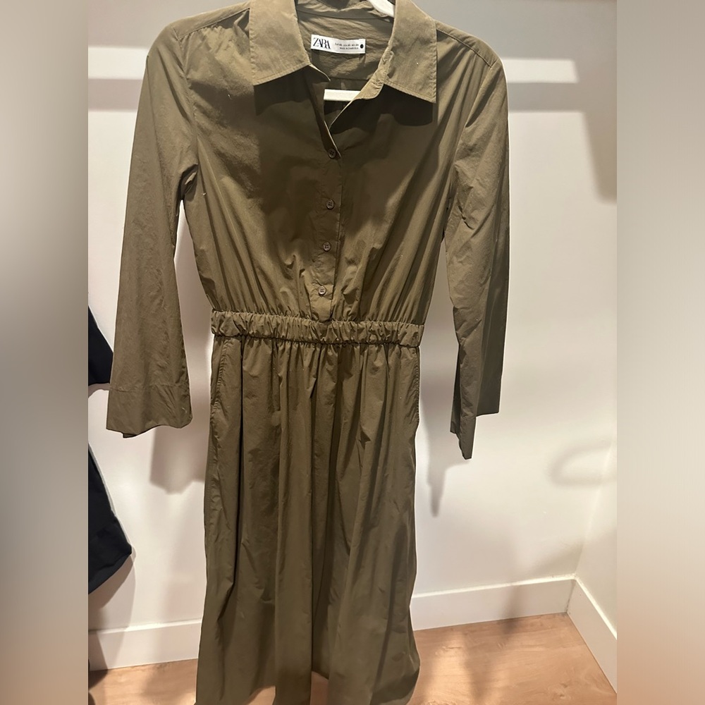 Zara Army Khaki Green Long Sleeve Pleated Shirt Dress